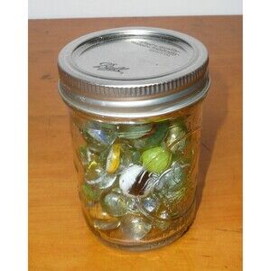 VTG Ball Jelly Size Jar filled w Glass Marbles + Shooter